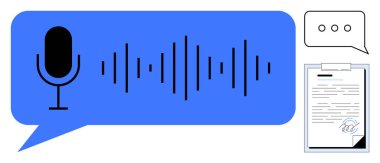 Konuşma balonunda mikrofon ve ses dalgaları metin belgesine, imzaya ve sohbete bağlanıyor. İletişim, transkripsiyon, teknoloji, ses tanıma, dil araçları, üretkenlik için ideal