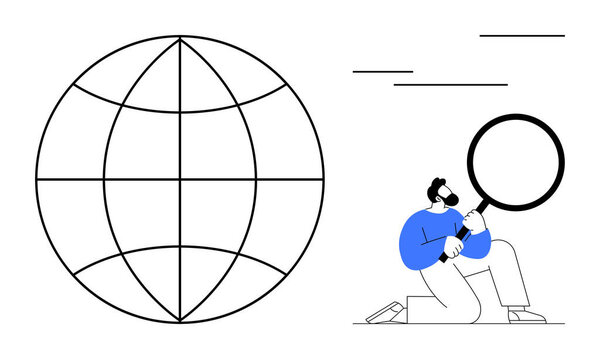 Man holding a magnifying glass examining spherical grid, symbolizing global research, discovery, or analysis. Ideal for innovation, data study, globalization, exploration, investigation internet
