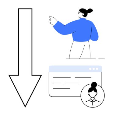 Bir kadın profil avatarı ve aşağı ok ile bir web sayfasını işaret ediyor. Yönlendirme, navigasyon, kullanıcı etkileşimi, bindirme, profil yönetimi, UX tasarımı, basit düz metafor