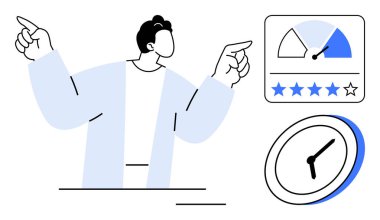 Performans göstergesi, yıldız derecesi ve analog saatin yanında hareketli bir insan figürü. İş için ideal, verimlilik, kalite, zaman yönetimi, liderlik başarısı verimliliği. A