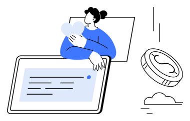 Tablet, para ve bulutun yanında kalp sembolü tutan kişi. Hayırseverlik, dijital ödeme, çevrimiçi bağış, şefkat, finansal yardım, gönüllü düz metafor