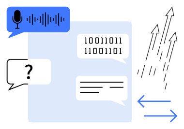 Ses giriş simgesi, ikili kod, metin kutuları, oklar ve soru işareti konuşma balonu iletişimi, veri akışı, kodlama, yapay zeka, teknoloji işbirliği ve basit bir dairede yeniliği temsil ediyor