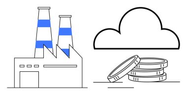 Tütsülenmiş bacaları, bir bulutu ve birikmiş paraları olan fabrika endüstriyel gelişimi, modern teknolojiyi ve finansal başarıyı ön plana çıkarıyor. Ekonomi, imalat, yenilik ve iş yatırımları için ideal