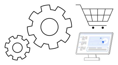 Birbirine bağlı vitesler, alışveriş arabası taslağı ve analitik gösteren bilgisayar monitörü senkronize e-ticaret operasyonlarını temsil ediyor. Otomasyon, e-ticaret, verimlilik, iş akışı için ideal