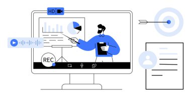 Ekranda veri grafikleri, ses girdisi ve hedef görsellerle sunan adam. E-öğrenme, iş stratejisi, uzaktan çalışma, web siteleri, çevrimiçi toplantılar, dijital pazarlama için ideal
