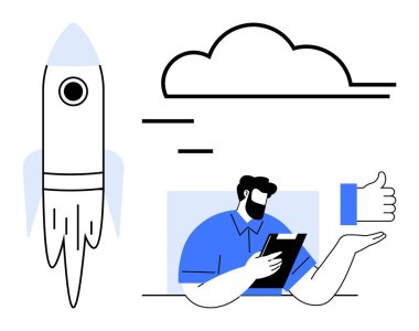 Yukarı doğru fırlatılan bir roket, bir bulut, bir baş parmak, ve tabletli bir profesyonel. Yenilik, teknoloji, başarı, iş büyümesi ekip çalışması motivasyonu için idealdir. Basit bir daire.