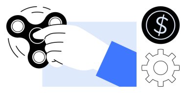 Yanında bir dolar ve teçhizat ile birlikte siyah bir döner döner el hareketi. İş, verimlilik, finans, stres yönetimi, odaklanma, yenilik ve kişisel büyüme kavramları için idealdir. Basit düz