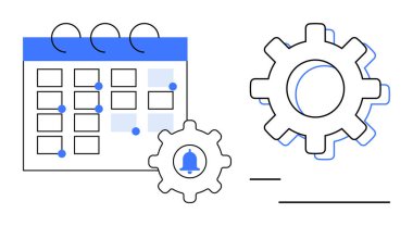 Vurgulanmış tarihler, çan bildirimi ve büyük vites simgeleriyle takvim. Zaman yönetimi için ideal, üretkenlik, otomasyon, programlama, hatırlatıcı iş akışı planlaması. Basit düz metafor