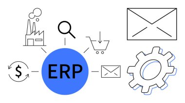 Merkezi ERP ikonu bir fabrikaya, teçhizata, zarfa, büyüteç ve alışveriş arabasına bağlı. Yönetim, iş, iş akışı, teknoloji süreci optimizasyon stratejisi için ideal basit düz
