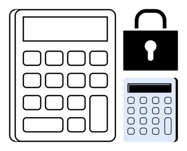 Büyük ve küçük hesap makineleri asma kilit ile eşleştirilmiş. Finans, bütçe, muhasebe, güvenlik, şifreleme, dijital koruma, mahremiyet için ideal. Temiz ve basit düz metafor