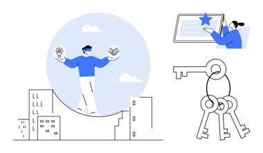 Profesyonel denge teçhizatı ve şehir manzarasının üzerinde el sıkışma, fırsatları gösteren anahtarlar ve dijital arayüzle etkileşime geçen bir kişi. Takım çalışması, liderlik ve karar verme için ideal.