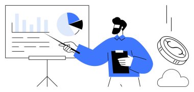 Finans istatistiklerini vurgulayan bir sunum panosundaki çizelgeleri analiz eden bir işadamı. Yüzen para ve bulut dijital ekonomiyi vurguluyor. Finans, teknoloji, veri, takım çalışması ve strateji için ideal