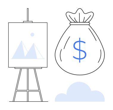 Easel 'in bir dolar işaretli para çantasının yanında geometrik sanat eserleri sergilemesi yaratıcılık, sanat değeri ve girişimcilikten elde edilen karı sembolize ediyor. İş, sanat, finans, yatırım, kâr için ideal