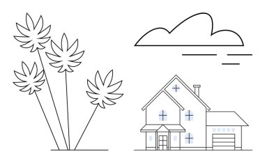 Pencereli, garajlı, bacalı, palmiye ağaçlı ve minimalist çizgili bulutlu bir banliyö evi. Mimarlık, gayrimenkul, çevre, modern açık hava sadeliği ve yaşam tarzı için ideal