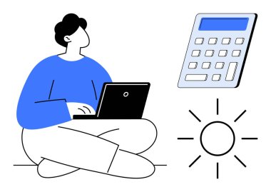 Hesap makinesi ve güneş ikonunun yanında dizüstü bilgisayarda çalışan sıradan bir kişi. Eğitim, hesaplama, iş-yaşam dengesi, verimlilik, güneş enerjisi, bütçe ve üretkenlik temaları için idealdir. A