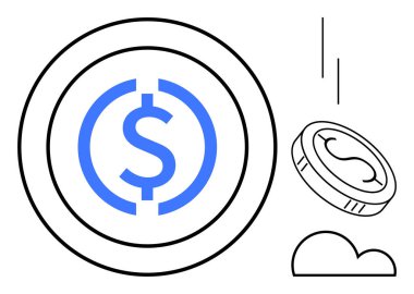 Yuvarlak çerçevenin içinde para ve bulut elementleri var. Finans, bankacılık, yatırım, tasarruf, ekonomi, fintech ve dijital para birimi için ideal. Basit düz metafor