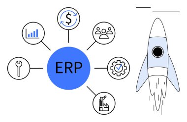 Merkezi ERP modülü, büyümeyi sembolize eden bir roket ile finans, analitik, işlemler ve personel simgelerine bağlandı. Yönetim, otomasyon, analitik, yenilik, strateji sektörü büyümesi için ideal