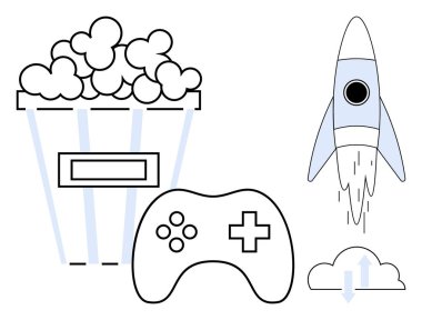 Patlamış mısır kovası, kumanda, roket fırlatma ve yükleme sinyalli bulut. Oyun, yayın, eğlence, yaratıcılık teknolojisi, yenilik, eğlence için ideal. Basit düz metafor