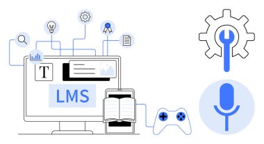 Masaüstü üzerinde kitap, oyun kumandası, mikrofon ve çark olan LMS paneli. Eğitim, e-öğrenme, eğitim, yenilik teknolojisi multimedya iletişimi için idealdir. Basit düz metafor