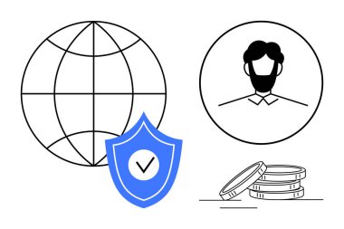 Küre, işaretli kalkan, profil simgesi ve istiflenmiş paralar. Siber güvenlik için ideal, çevrimiçi kimlik, küresel finans, veri gizliliği fintech güvenli işlem kullanıcı kimlik denetimi. Basit düz