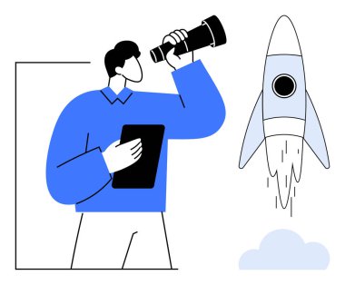 Tablet ve teleskop tutan adam roketin fırlatılışını izliyor. Yenilik, liderlik, girişim, uzay keşfi, hırs, planlama, stratejik düşünce için idealdir. Basit düz metafor