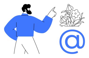 Yukarıya bakan adam, çiçek açan çiçekler yaratıcılığı ve bağlantıyı simgeliyor. Yenilik için ideal, dijital etkileşim, iletişim, tasarım, büyüme, ilham