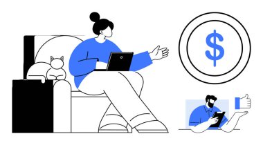 Dizüstü bilgisayarda kedisi olan bir kadın, finans için dolar işareti, internetten bağlanan bir adam, ve baş parmak hareketi. Çevrimiçi finans, dijital iş, serbest çalışma, üretkenlik ve yaşam tarzı için ideal