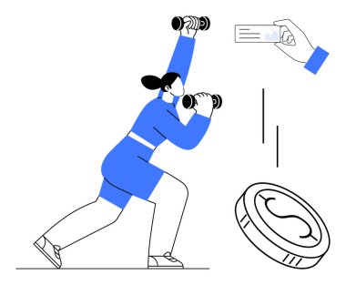 Dambıl kaldıran kadın, fitness takip cihazı, ilerleme kaydeden kadın ve sağlık yatırımını temsil eden bozuk para sembolü. Fitness, sağlık, sağlık, para yönetimi, izleme, motivasyon için ideal