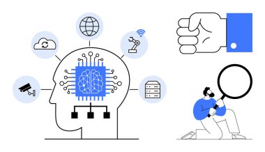Bulutlara, robotlara, CCTV 'lere ve sunuculara bağlı yapay zeka çipi olan insan kafası el ele hareket ediyor, büyüteçle inceliyor. Yapay zeka, teknoloji, veri, yenilik problem çözme siber güvenliği için ideal