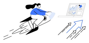 Analitik çizelgelerle dizüstü bilgisayara doğru roket süren kadın, büyümeyi işaret eden oklar. Yenilik için ideal, iş stratejisi, büyüme, veri analizi, dijital ivme, liderlik ilerlemesi. Basit.