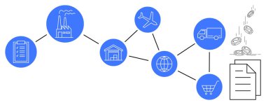 Sanayi unsurları arasında fabrika, depo, uçak, kamyon, para, alışveriş arabası ve zincirle bağlantılı belgeler yer alıyor. İş akışı, tedarik zinciri lojistik sektörü ticareti için ideal