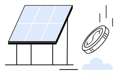 Güneş paneli düşen bir madeni paranın yanında güneş ışığını emiyor. Yenilenebilir enerji, sürdürülebilirlik, yatırım, tasarruf, yeşil teknoloji, güneş enerjisi, çevre dostu girişimler için idealdir. Basit düz metafor