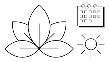 Beş yapraklı nilüfer çiçeği, ışınlı güneş ve bir takvim doğayı, farkındalığı, pozitifliği ve organizasyonu temsil eder. Sağlık, denge, kendi kendine bakım yönetimi motivasyonu için ideal