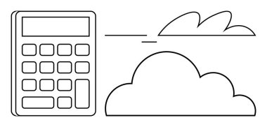 Hesaplayıcı, hesaplamayı, bulut depolamayı ve veriyi sembolize eden iki bulutun yanında. Finans, teknoloji, veri depolama, dijital yenilik, bilişim çözümleri basit düz teknoloji hizmetleri için idealdir