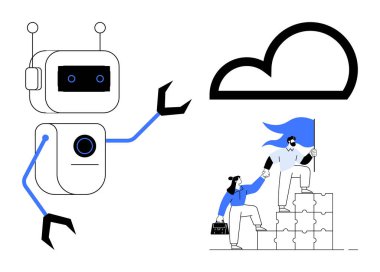 Bireyler bulmaca bloklarına tırmanırken robot etkileşime giriyor. Bulutların altında araçlar ve bayraklarla. Yapay zeka, işbirliği, takım çalışması, bulut hesaplama, problem çözme, gelecekteki teknoloji ve yenilik için ideal