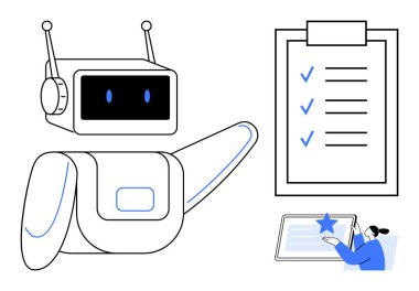 Robot, işaretli bir tabletle etkileşen kullanıcı kontrollü bir görev listesine işaret ediyor. Otomasyon, üretkenlik, yapay zeka, iş akışı, teknoloji, görev yönetimi ve yenilik için ideal. Temiz daire