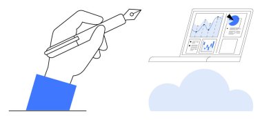 Laptop ekranının yanında dolmakalem kullanarak analitik çizelgeleri bulutta gösteriyor. Yaratıcılık, veri analizi, teknoloji, uzaktan çalışma, yenilik, üretkenlik, bulut hesaplama için ideal. Basit düz