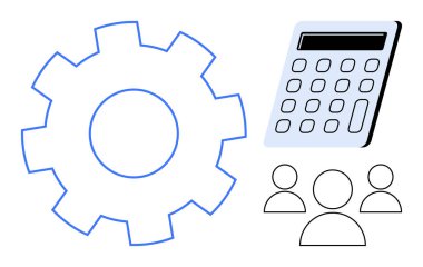 İşbirliği, verimlilik ve analitik süreçleri vurgulamak için takım ana hatları, hesap makinesi ve takım simgeleri bir araya gelir. Takım çalışması, üretkenlik, iş stratejisi, işlem sorunu çözme için ideal