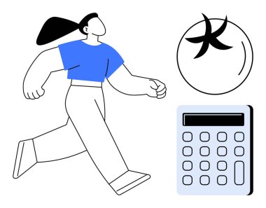 Kendine güvenen bir kadın, yanında bir hesap makinesi ve soyut bir küre var. Üretkenlik, finans, organizasyon, iş hayatı dengesi, iş planlaması, kendine güven, basit düz metafor için ideal