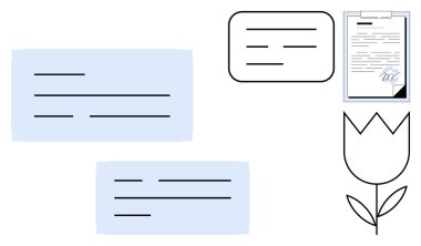 Belgeler, sohbet kutuları ve çiçek açmak iletişimi, yasal anlaşmaları, büyümeyi ve işbirliğini sembolize eder. Takım çalışması, mesajlaşma, anlaşmalar, geri bildirim yaratıcılığı yeniliği için ideal basit