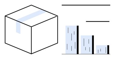 Çubuk grafiğin yanındaki paket sipariş takibi, nakliyat ve iş performans anlayışları. Lojistik, dağıtım, istatistik, e-ticaret, yönetim, tedarik zinciri basit düz metafor için ideal