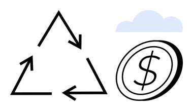 Oklarla geri dönüşüm üçgeni, sürdürülebilirliği, ekonomiyi ve bir bulutu simgeleyen dolar sikkesi. Çevre, ekonomi, iklim hareketi, yeşil işletme, çevre dostu yaşam, kaynak için ideal