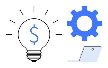 Dolar işareti, mavi dişli ampul ve dizüstü bilgisayar yenilik, finans ve teknolojiyi yansıtır. Ticari büyüme, strateji, yaratıcılık, fintech girişimcilik için ideal basit düz iş birliği