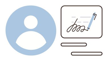 Kalem ve imza satırlarını içeren dijital imza arayüzünün yanındaki kullanıcı profili. Kimlik doğrulama, anlaşma, kimlik doğrulama, teknoloji, iş akışı, işlem için ideal. Basit düz