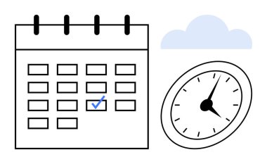 Bulut simgesi altında analog bir saatin yanında işaretli tarihli takvim. Planlama, zaman takibi, organizasyon, teslim tarihleri, iş akışı, verimlilik, randevular için ideal. Basit düz metafor