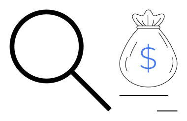 Para çantasının yanında dolar işareti olan büyüteç, finans, yatırım, tasarruf, denetim, karar verme, strateji, iş fırsatı ekonomik büyümeyi sembolize ediyor. Basit düz metafor için ideal