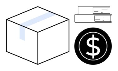 Kaset dolu bir kutu, iki istiflenmiş kitap ve nakliye, eğitim ve maliyet şeklinde dolar işareti. Lojistik, ticaret, öğrenme, finansal planlama bütçe aktarımı için ideal basit düz metafor