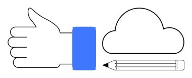 Minimalist tarzda el işareti, bulut ve kalem. Yaratıcılık, takım çalışması, onay, geri bildirim, yenilik dijital depolama eğitimi için idealdir. Basit düz metafor