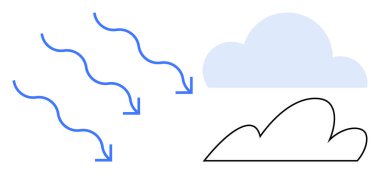 Hava akımını temsil eden mavi oklar iki stilize buluta doğru hareket ediyor. Hava tahmini, iklim, rüzgar, meteoroloji, hava kalitesi, çevre, basit düz metafor için ideal