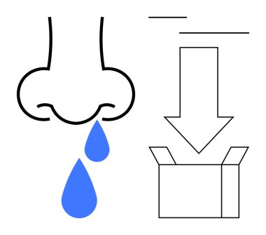 Mavi damlalı insan burnu burun boşalımını sembolize ediyor, aşağıdaki kutuyu aşağı doğru ok ile açın. Sağlık, hijyen, alerji, hastalık, atık yönetimi, önleme, basit düz metafor